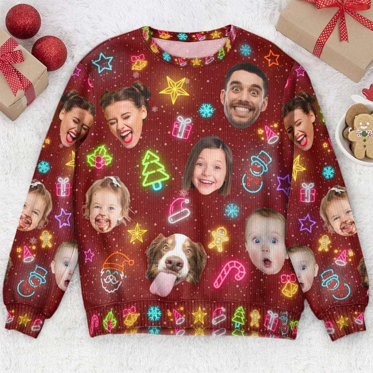 Personalized Christmas Photo Ugly Sweater, Custom Face Funny Light Up Christmas