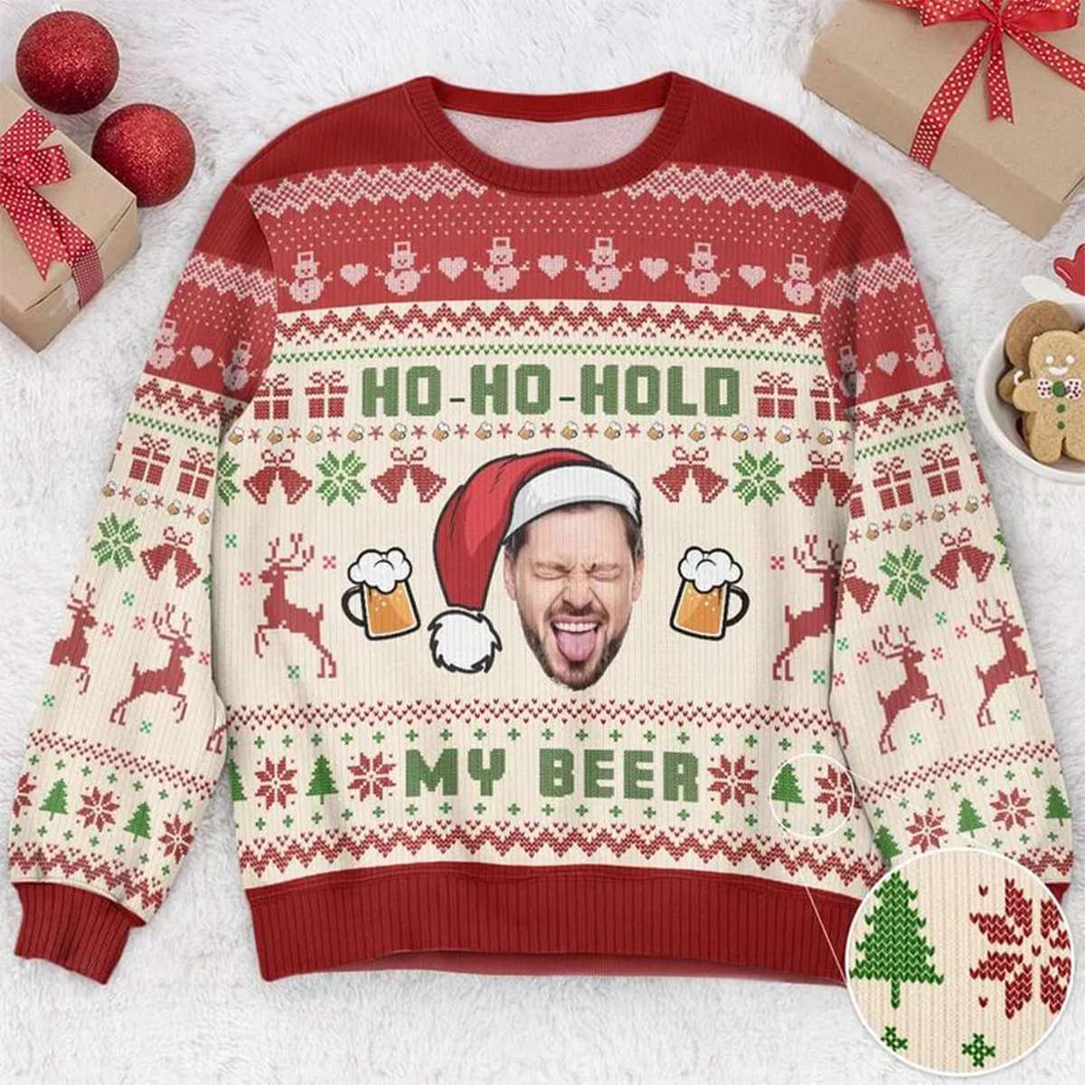 Personalized Photo Face Ugly Sweater, Custom Ho Ho Hold My Beer Christmas Sweater
