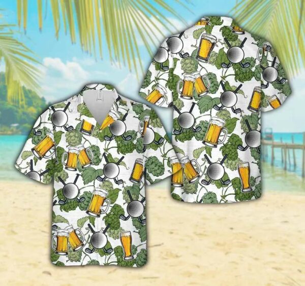 Funny Hop Cones And Beer Mugs Summer Aloha Beer & Golf Hawaiian Shirt