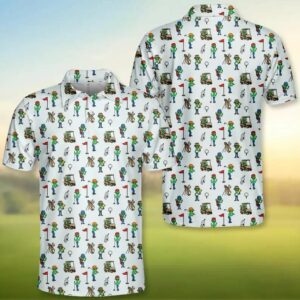 Alien Playing Golf Space UFO Golfer Funny Alien Golf Polo Shirt