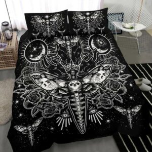 Skull Moth Secret Society Occult Style 3 Piece Duvet Set Black And White Version-Skull Bedding Set
