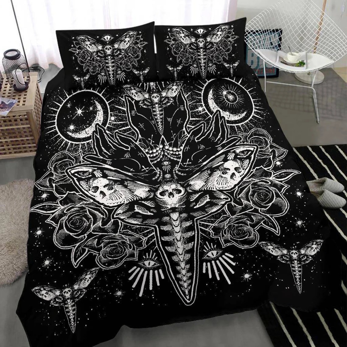 Skull Moth Secret Society Occult Style 3 Piece Duvet Set Black And White Version-Skull Bedding Set