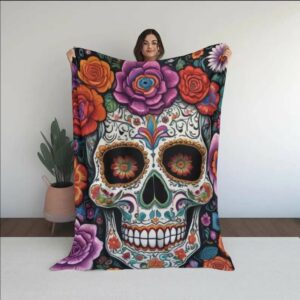 Day of the Dead Sugar Skull Mexican Floral Blanket, Cozy Throw for Home Decor, Halloween Decor