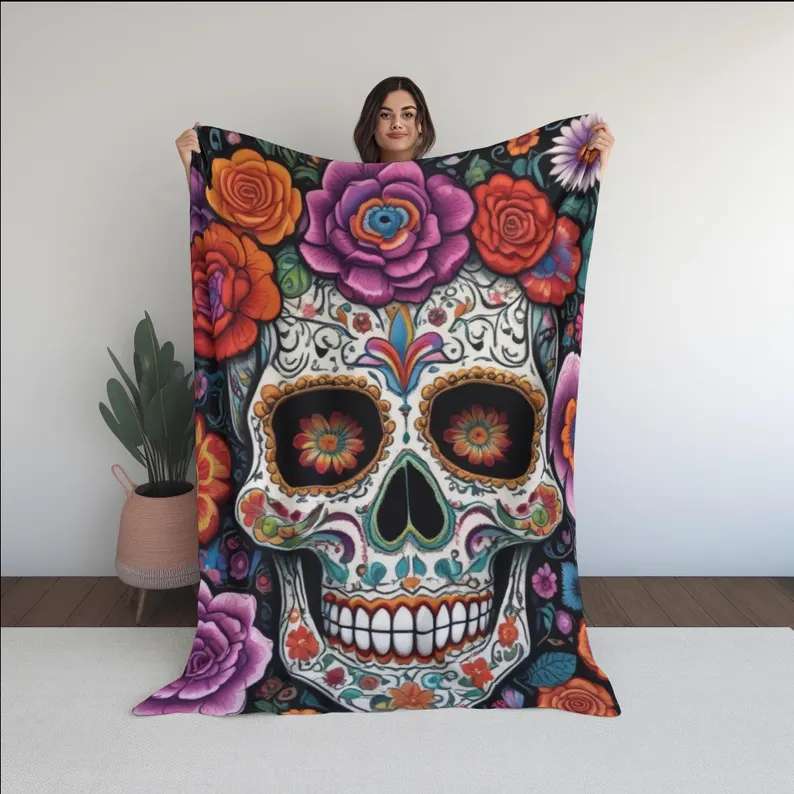 Day of the Dead Sugar Skull Mexican Floral Blanket, Cozy Throw for Home Decor, Halloween Decor Day of the Dead Sugar Skull Mexican Floral Blanket, Cozy Throw for Home Decor, Halloween Decor