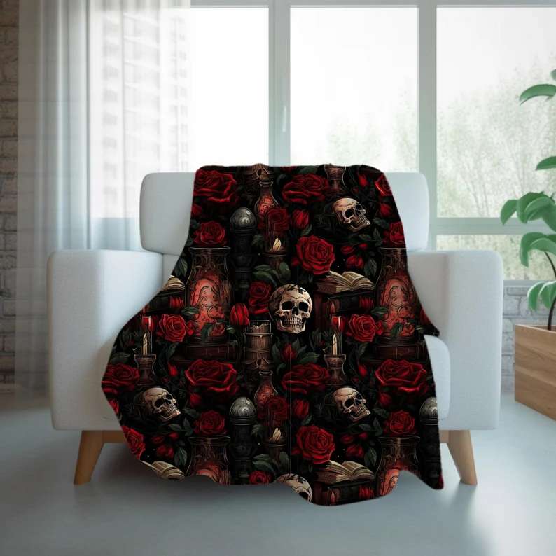 Halloween Plush Throw Blanket, Skull and Roses Blanket, Halloween Home Decor
